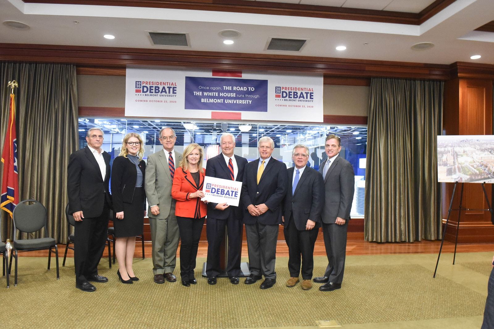 Mary Dickens, Bob Fisher, John Cooper, Mark Ezell, Marsha Blackburn, Butch Spryidon, and Megan Hitchcock pose for a photo at the Belmont Debate 2020 Announcement Ceremony