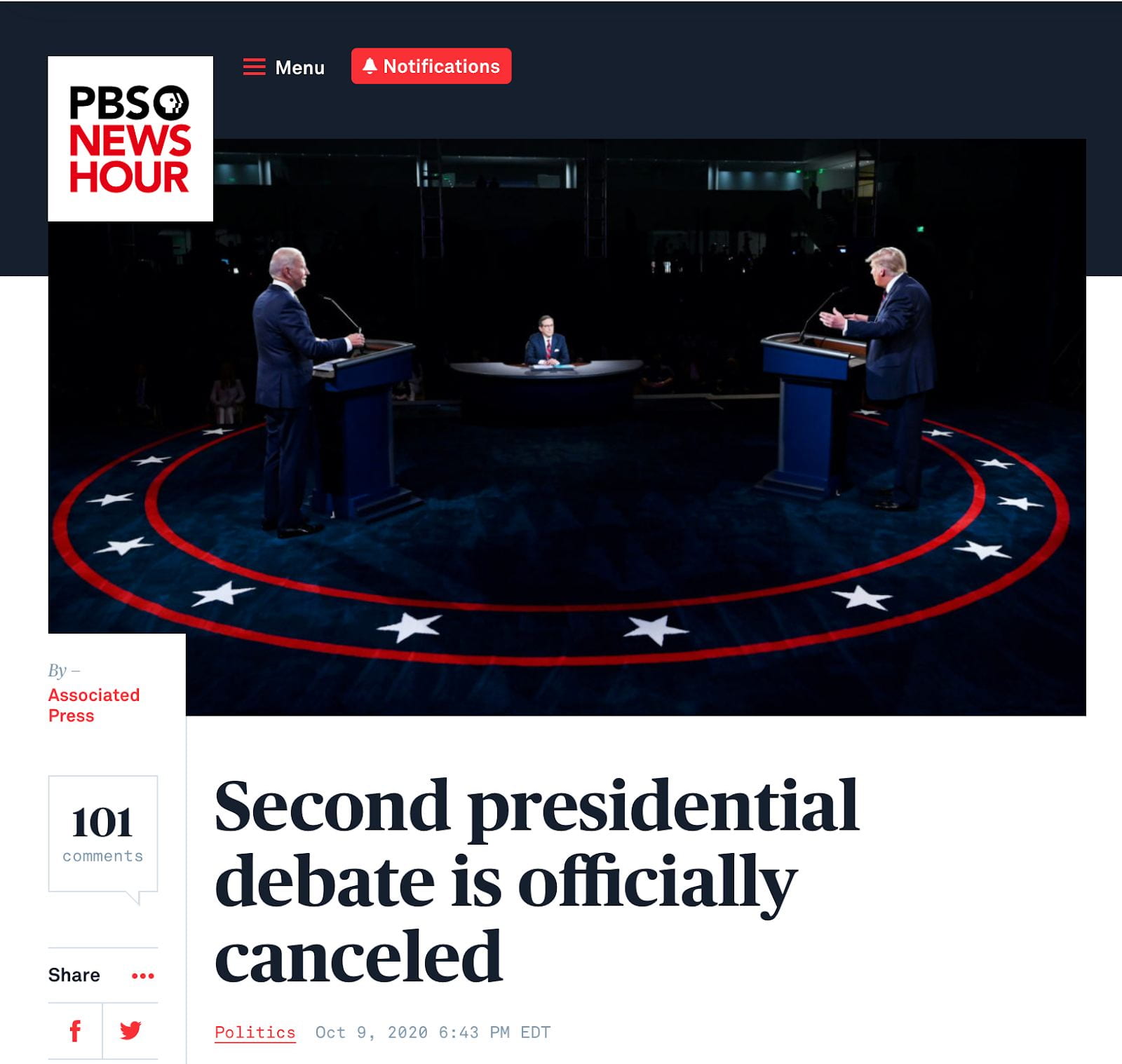 PBS headline stating, "Second presidential debate is officially cancelled"